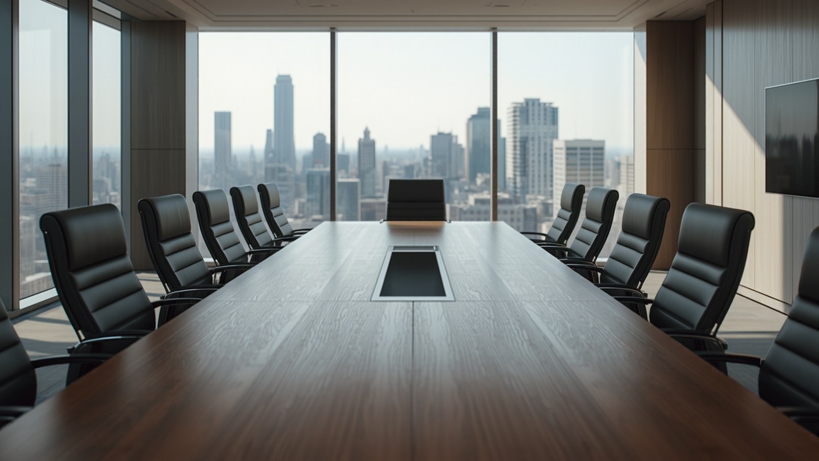 Empty boardroom with leather chairs and a city view