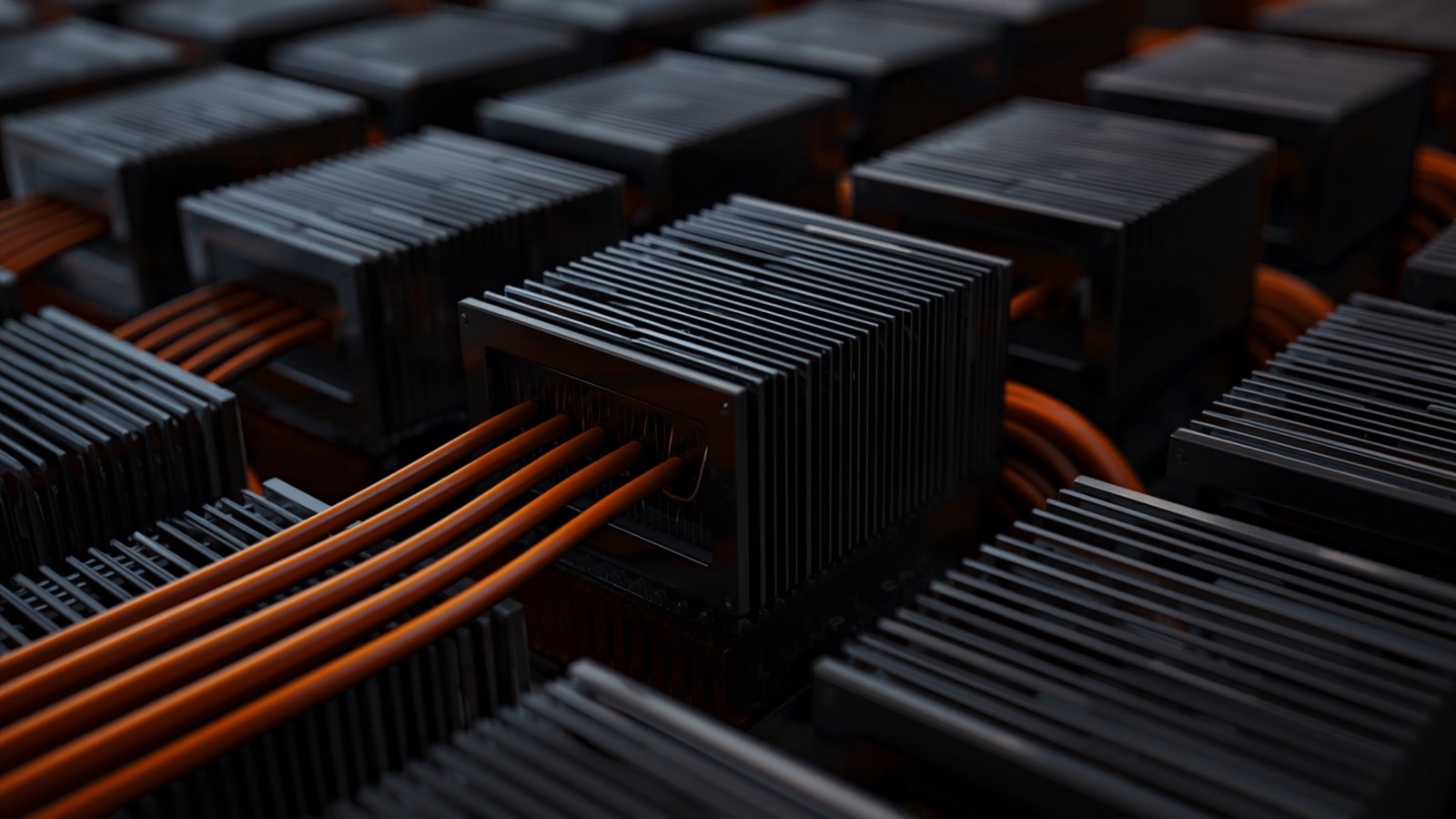 Rows of heatsink-covered mining units with orange power cables