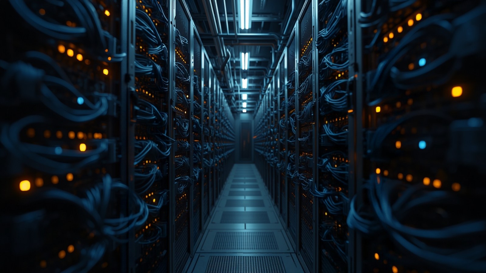 Long aisle of densely cabled server racks with amber status lights