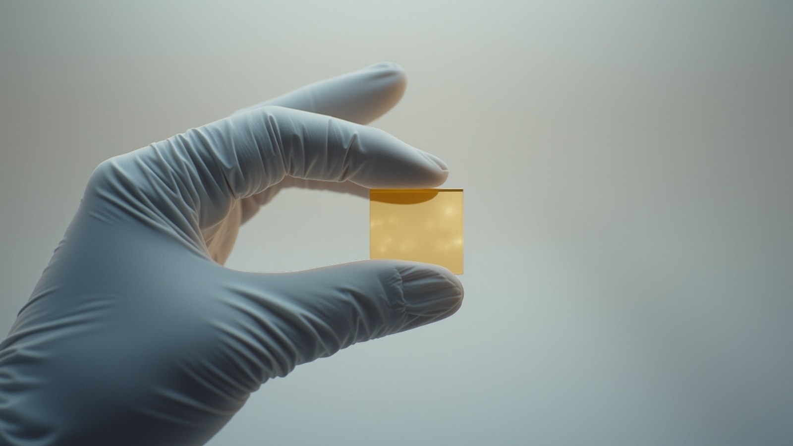 Gloved fingers holding a small gold-toned semiconductor die against a soft grey background