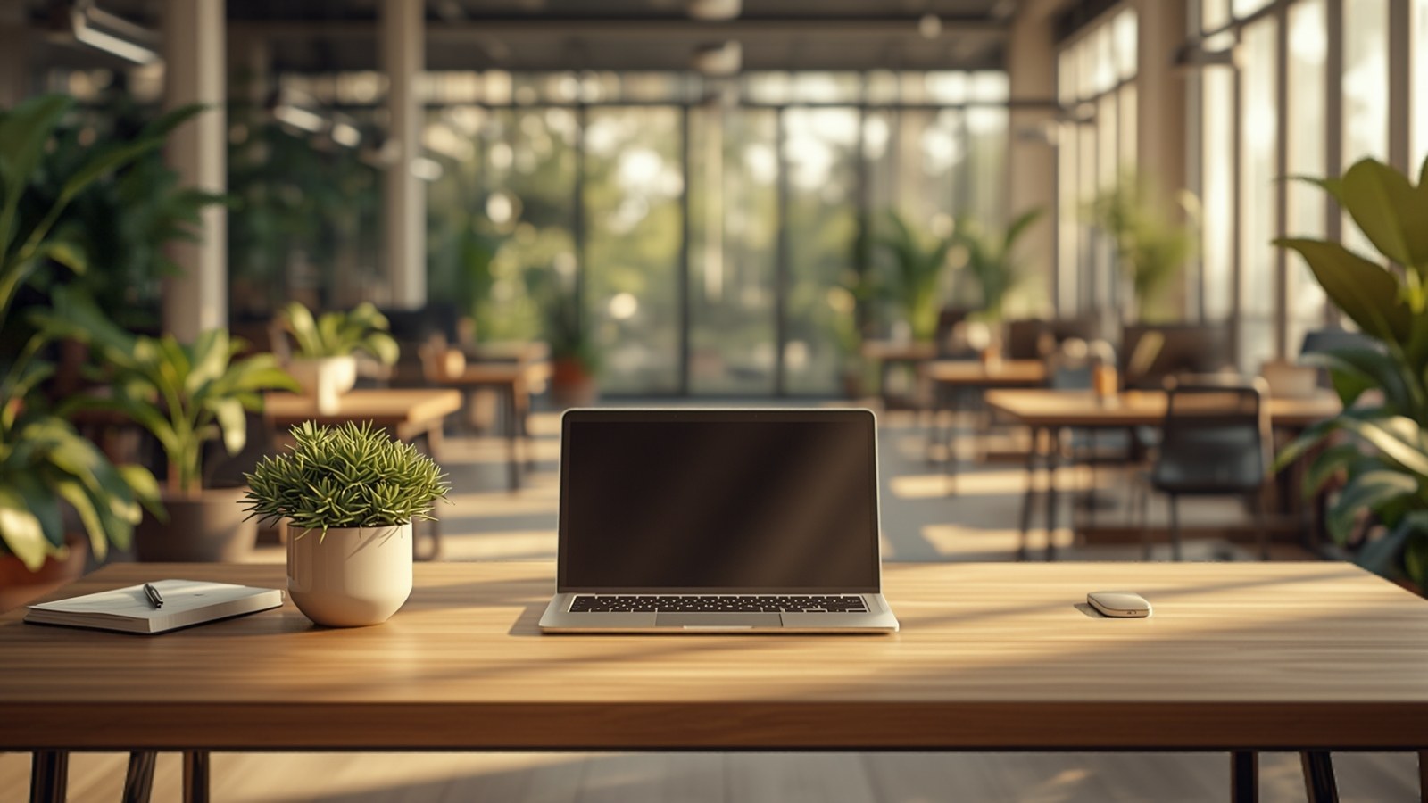 Empty desk with a laptop in a sunlit plant-filled coworking space