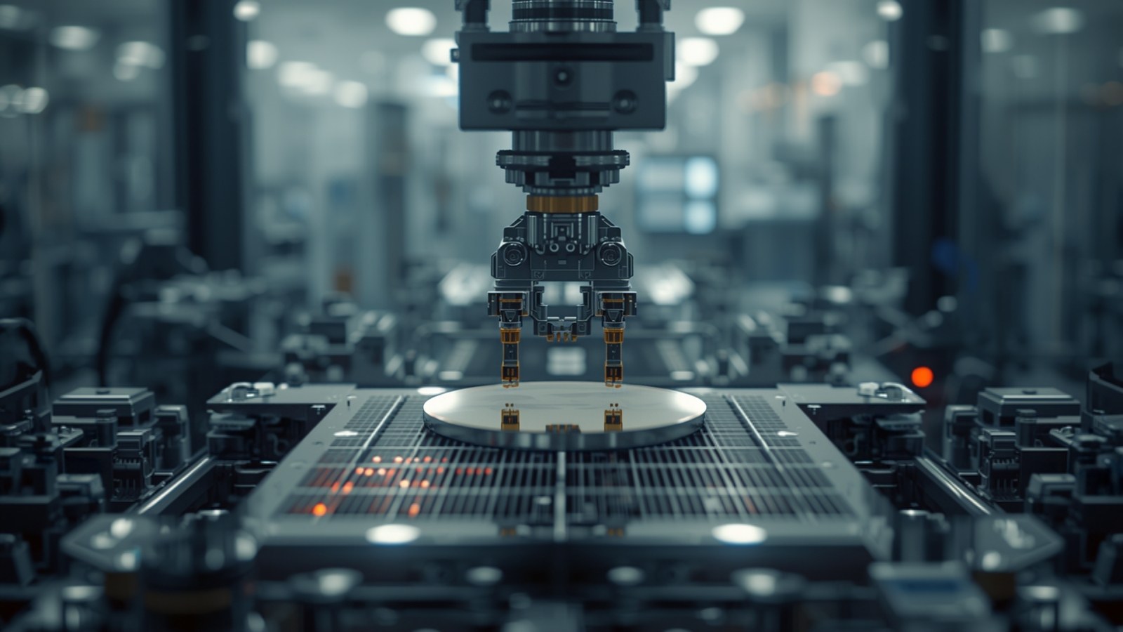 Robotic gripper descending over a silicon wafer on a stage inside a semiconductor fab tool