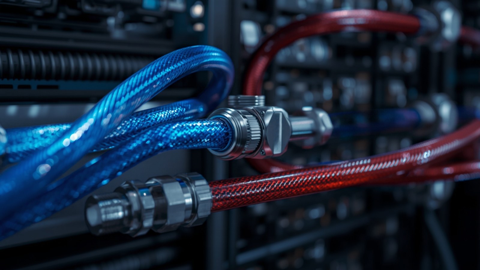 Blue and red liquid-cooling hoses connected to a server rack