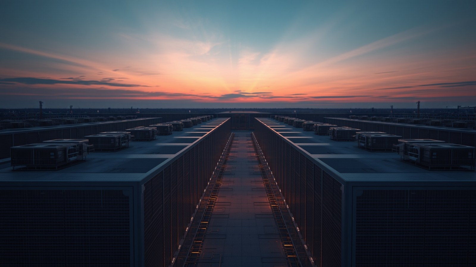 Rows of cooling units on a data-center roof at sunset