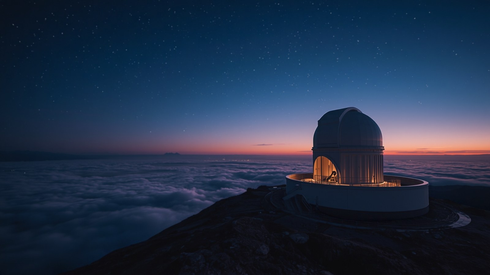Open observatory dome on a mountain above the clouds at twilight