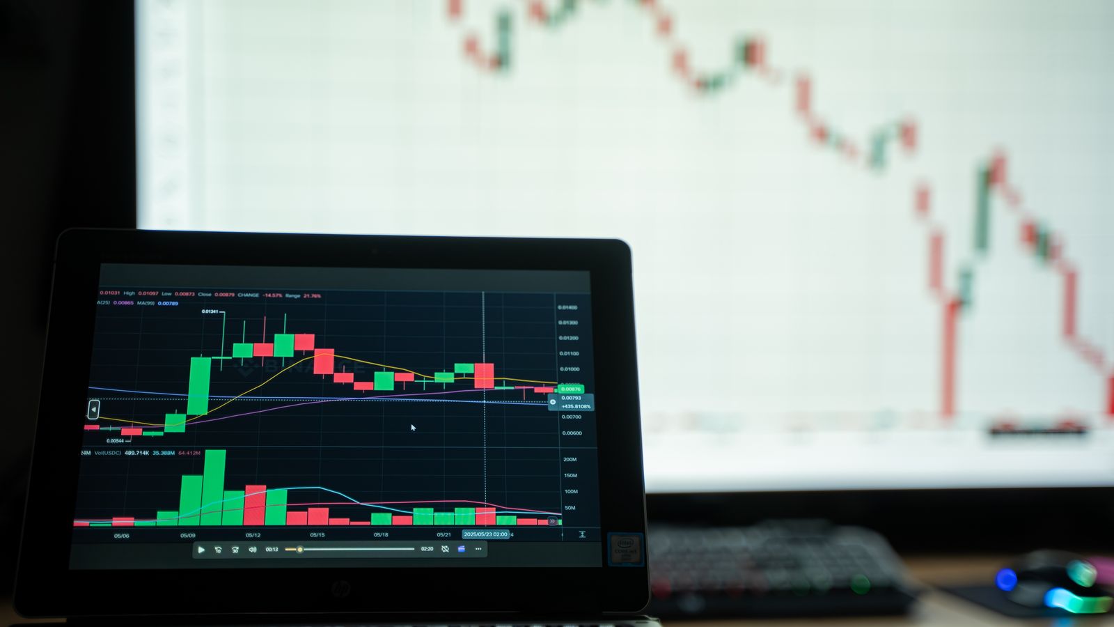 Close-up of a laptop showing cryptocurrency market charts in a trading environment.