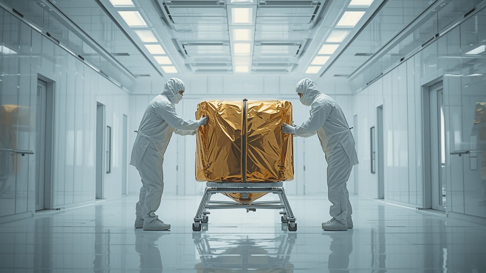 Two technicians in cleanroom suits handling a foil-wrapped satellite