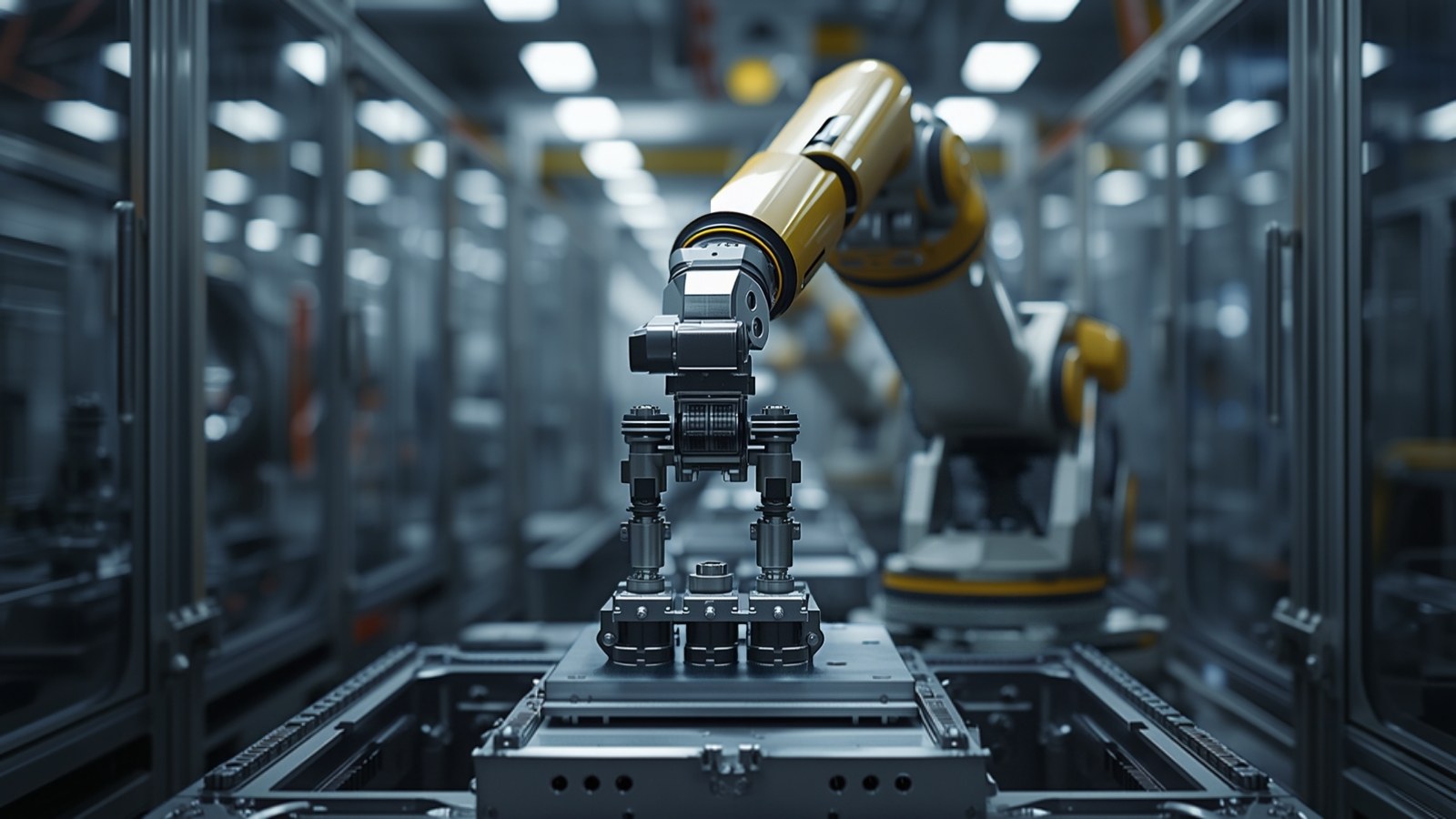 Yellow industrial robot arm on an automated production line