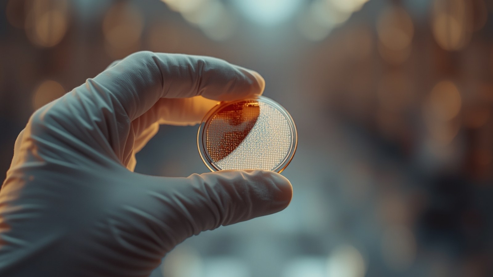 Gloved hand holding a patterned silicon wafer against a warm, blurred cleanroom background