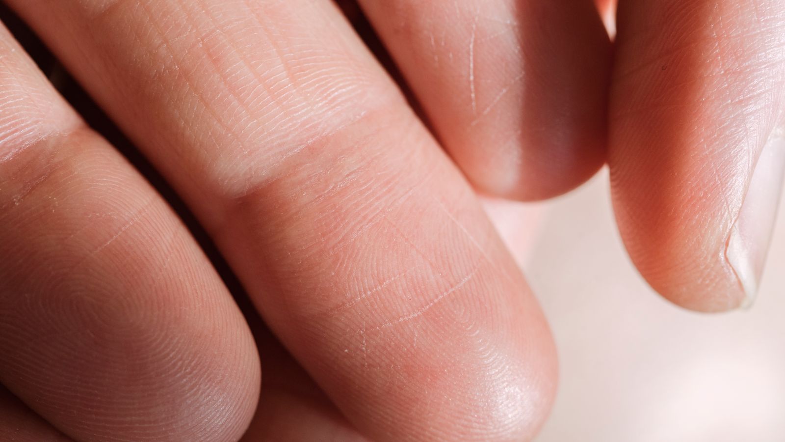 Detailed close-up of human fingers showing skin texture and fingerprints.