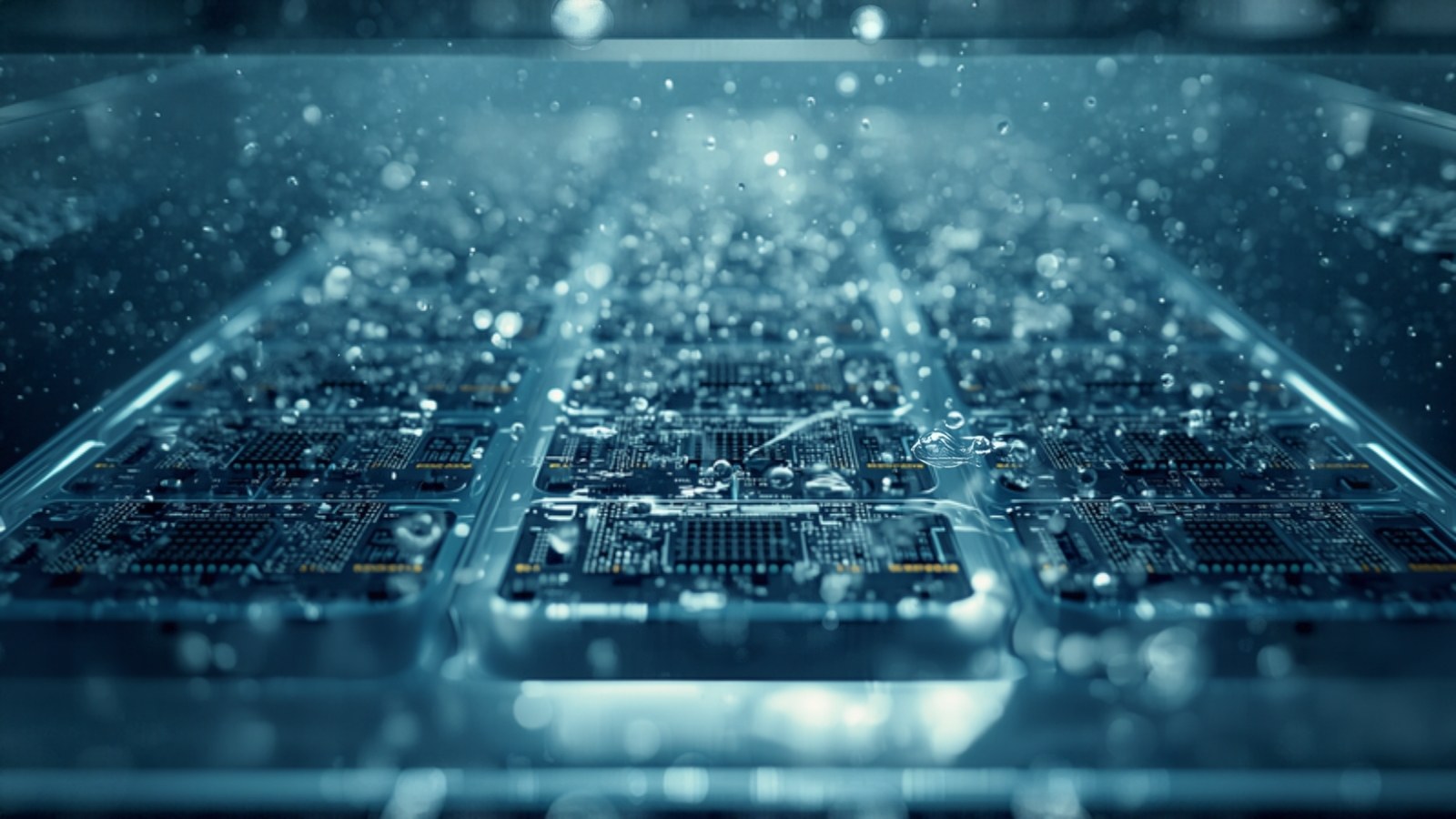 Circuit boards submerged in immersion-cooling fluid with rising bubbles