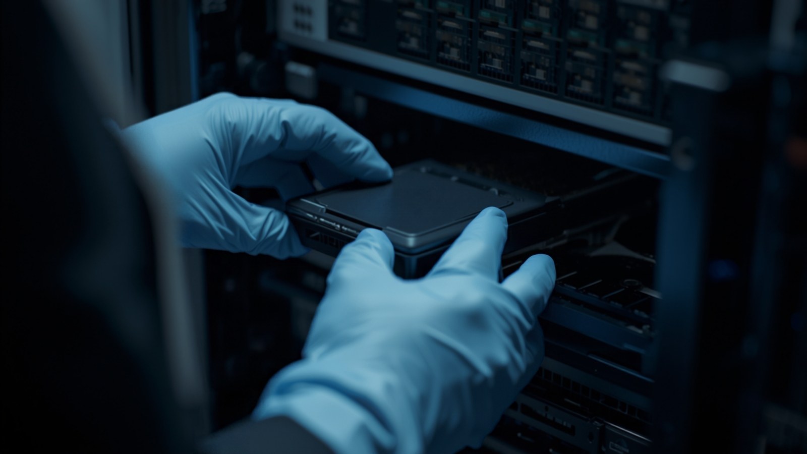 Gloved hands sliding a hardware module into a server rack
