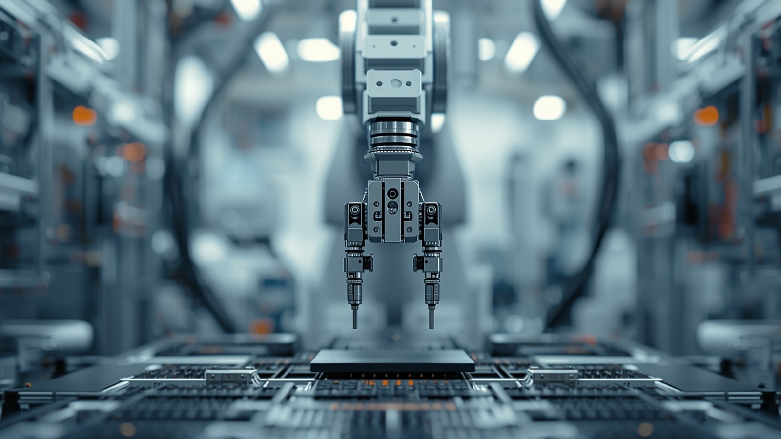 Automated gripper positioned above a chip on a production stage in a blurred fab interior