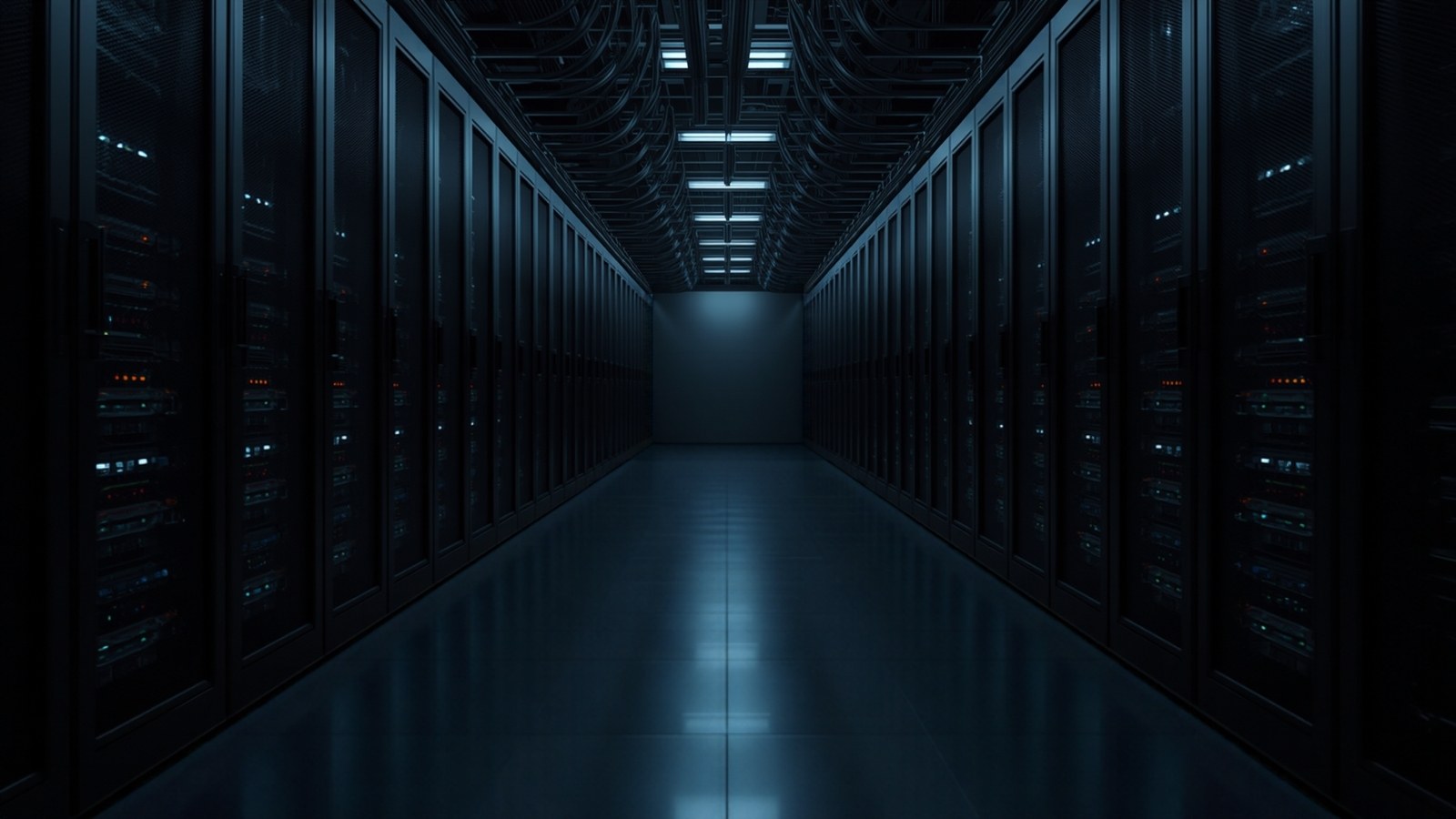 Data-center aisle with blue-lit racks and overhead cable trays