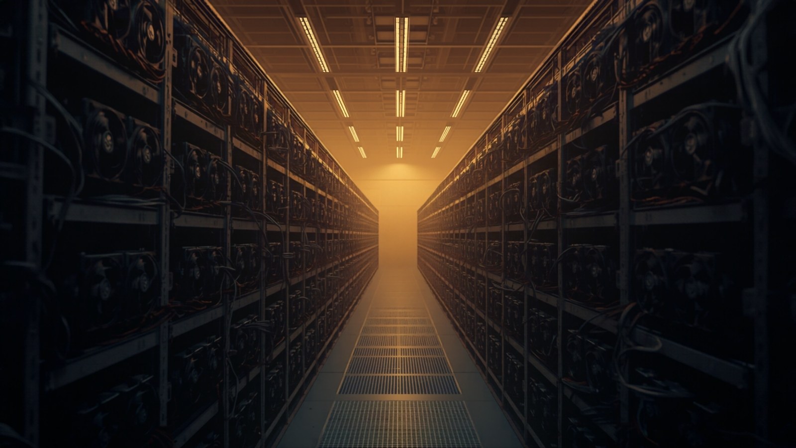 Long mining hall with rigs on both sides under warm light strips
