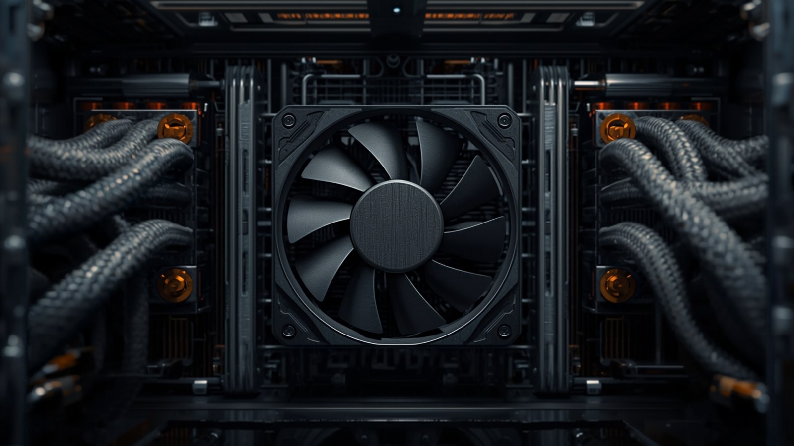 Inside a mining rig: central cooling fan and braided power cables