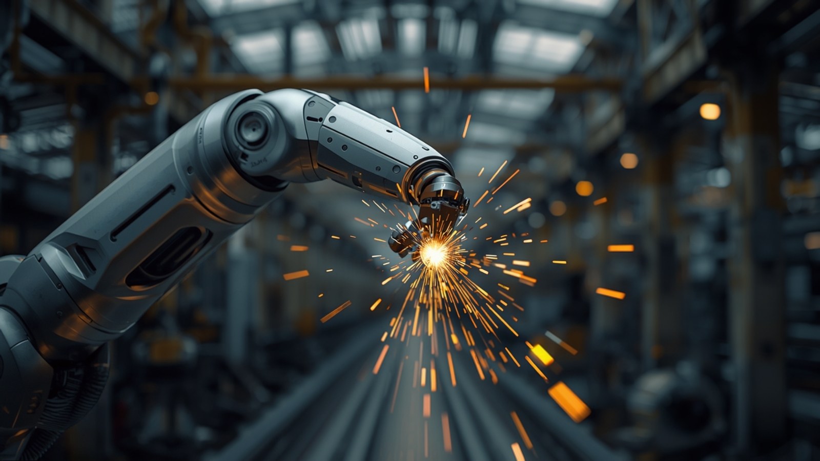 Industrial robot arm welding with a shower of sparks in a blurred car factory hall