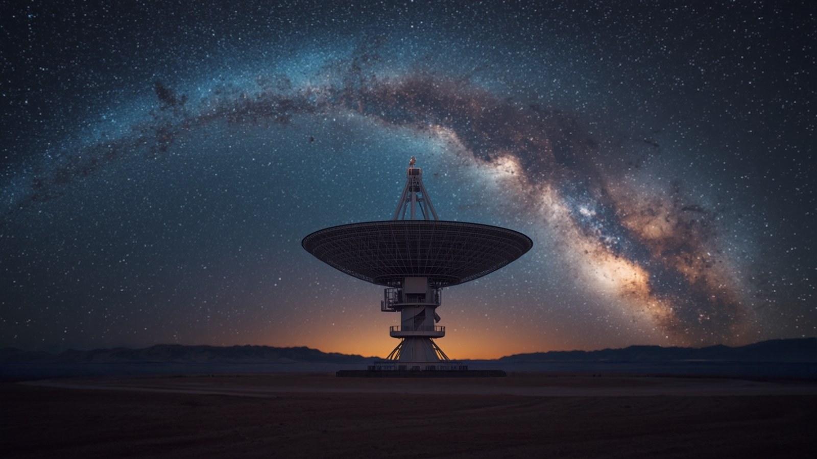 Large radio telescope beneath an arc of the Milky Way at dusk