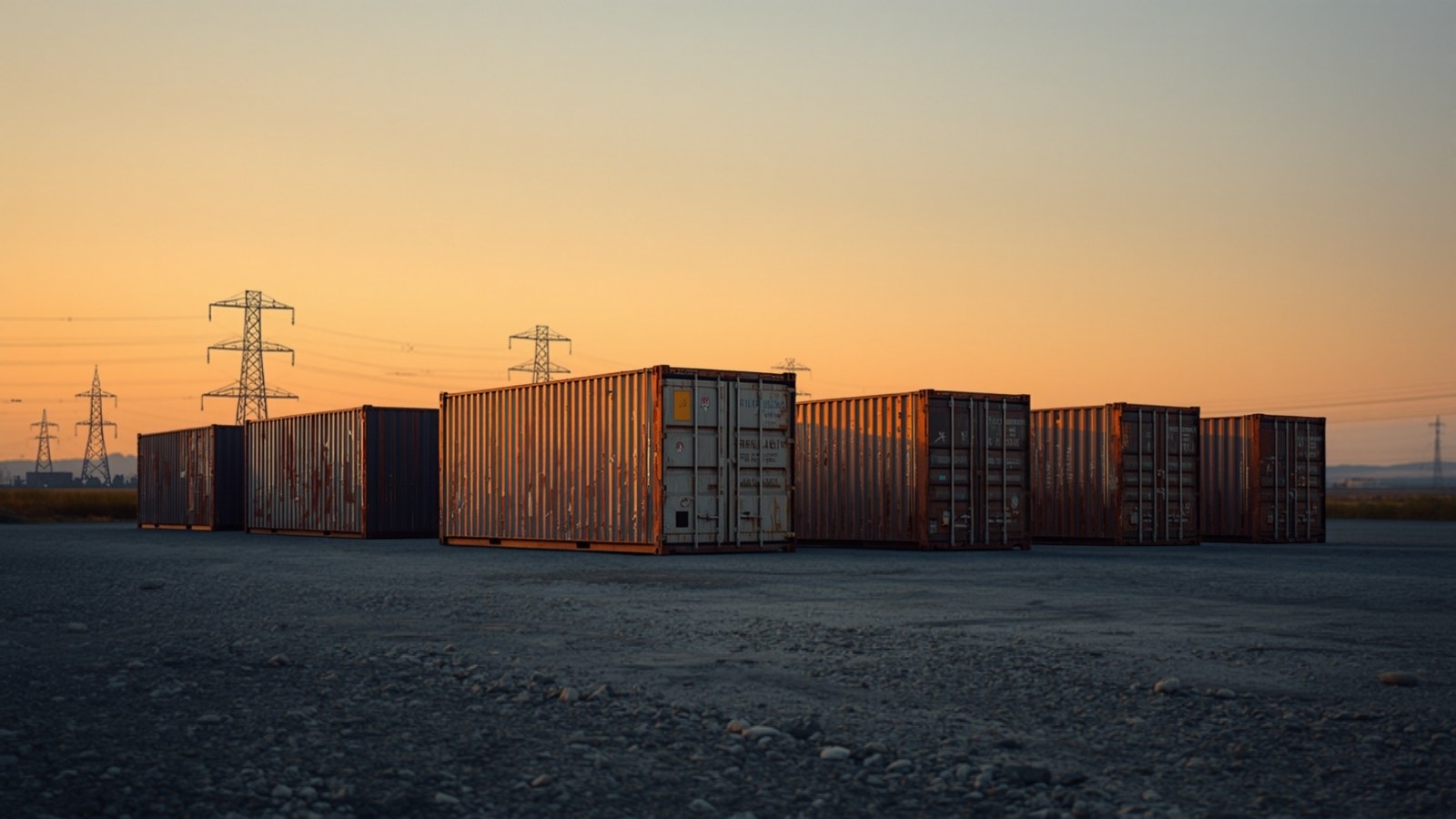Containerised mining units on a gravel site with power lines at sunset