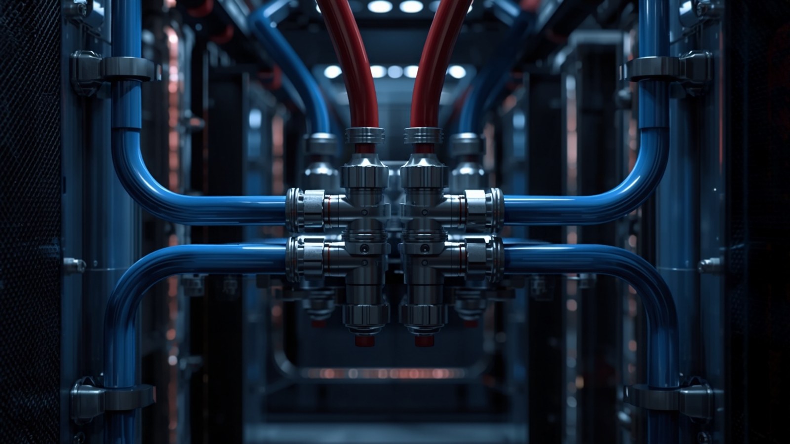 Symmetrical coolant piping between rows of data-center racks