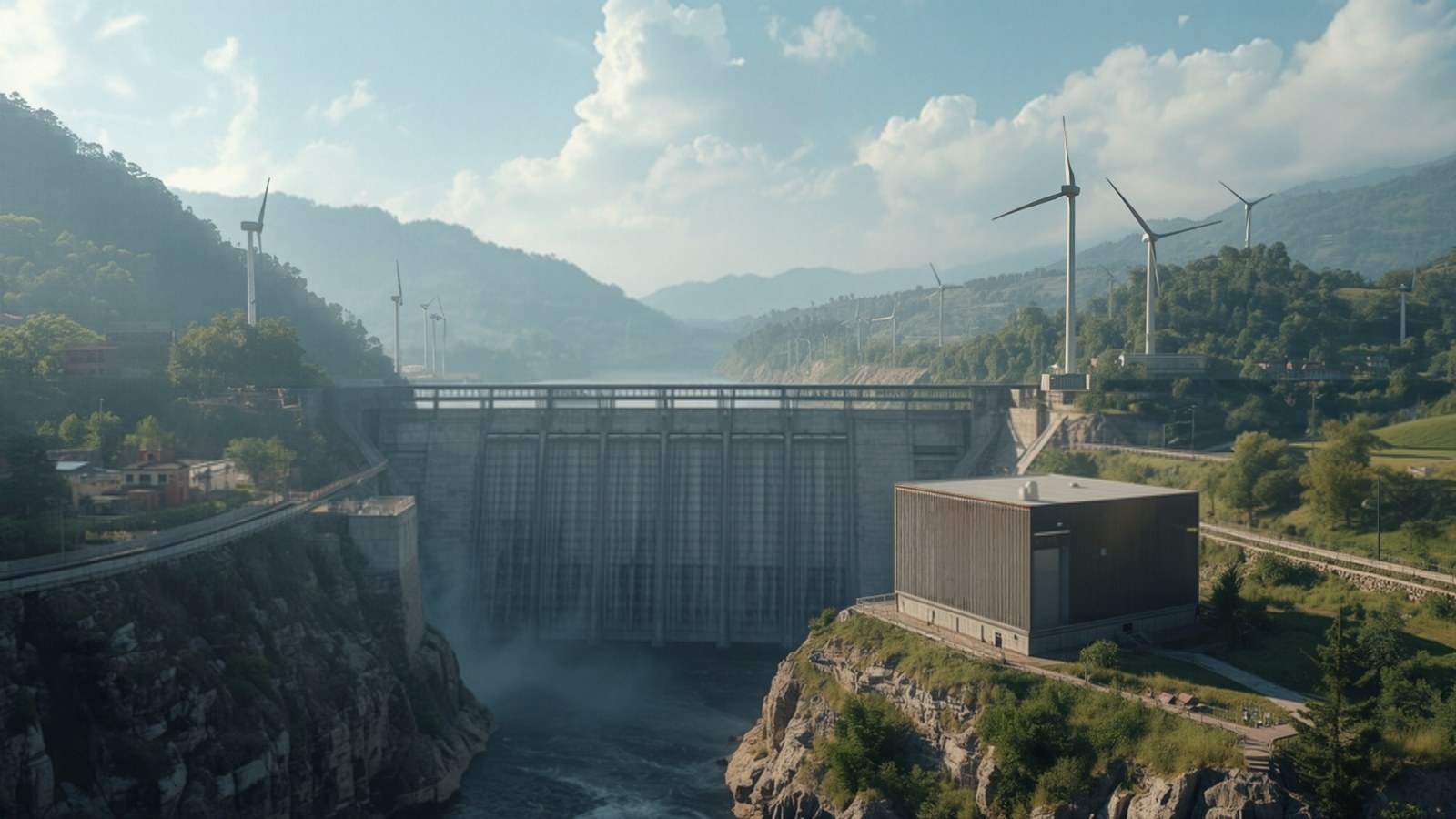 Dam and wind turbines in a valley beside a compact industrial building