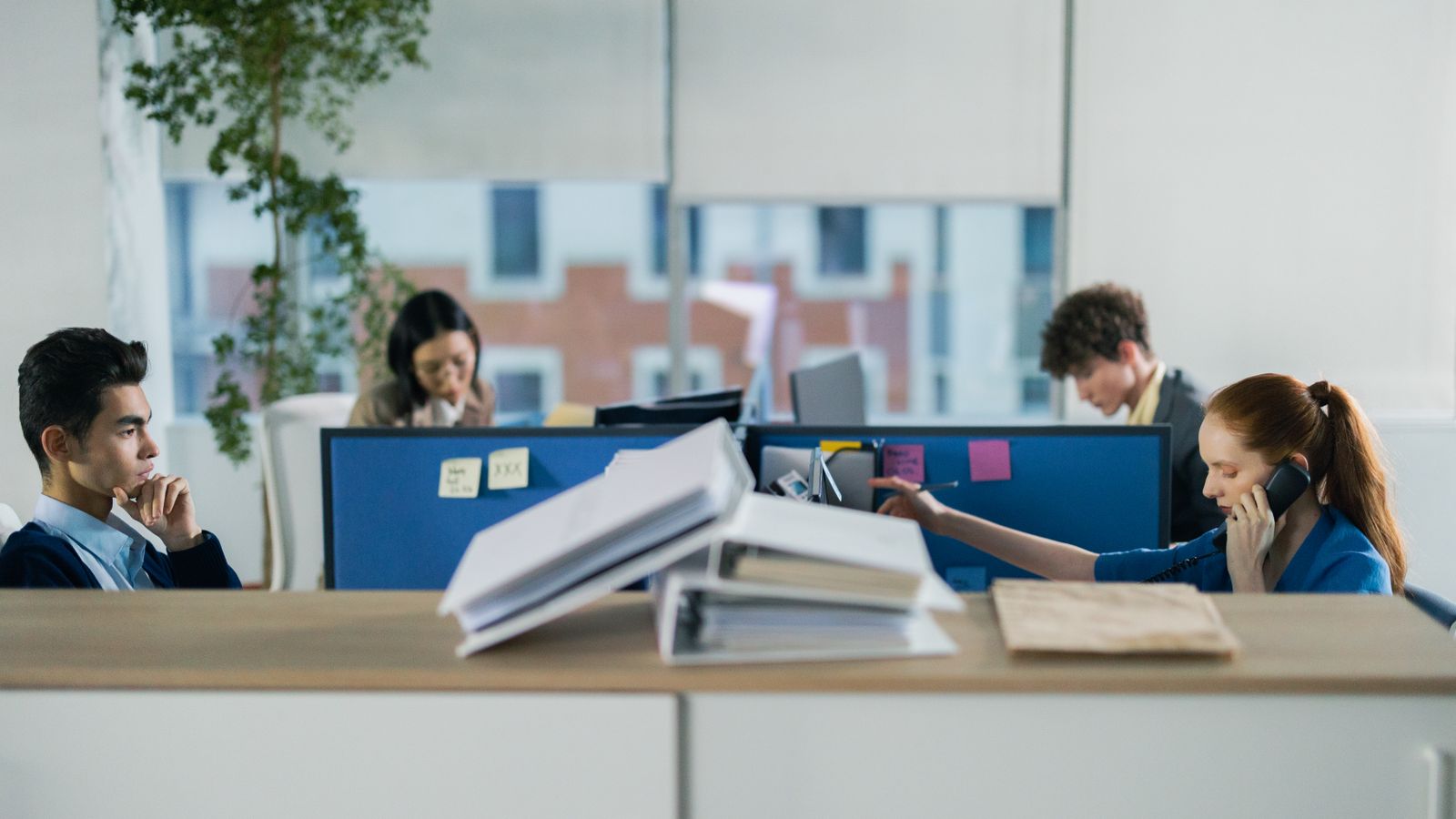 Contemporary office setting with diverse employees working diligently at their cubicles.
