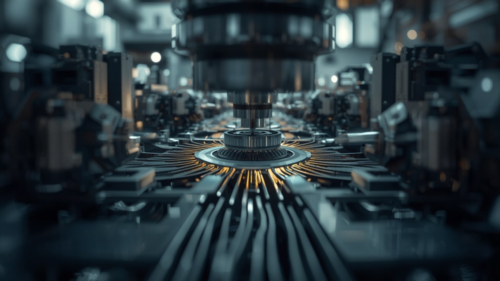 Close-up of precision metal machinery inside a chip fabrication tool with warm highlights