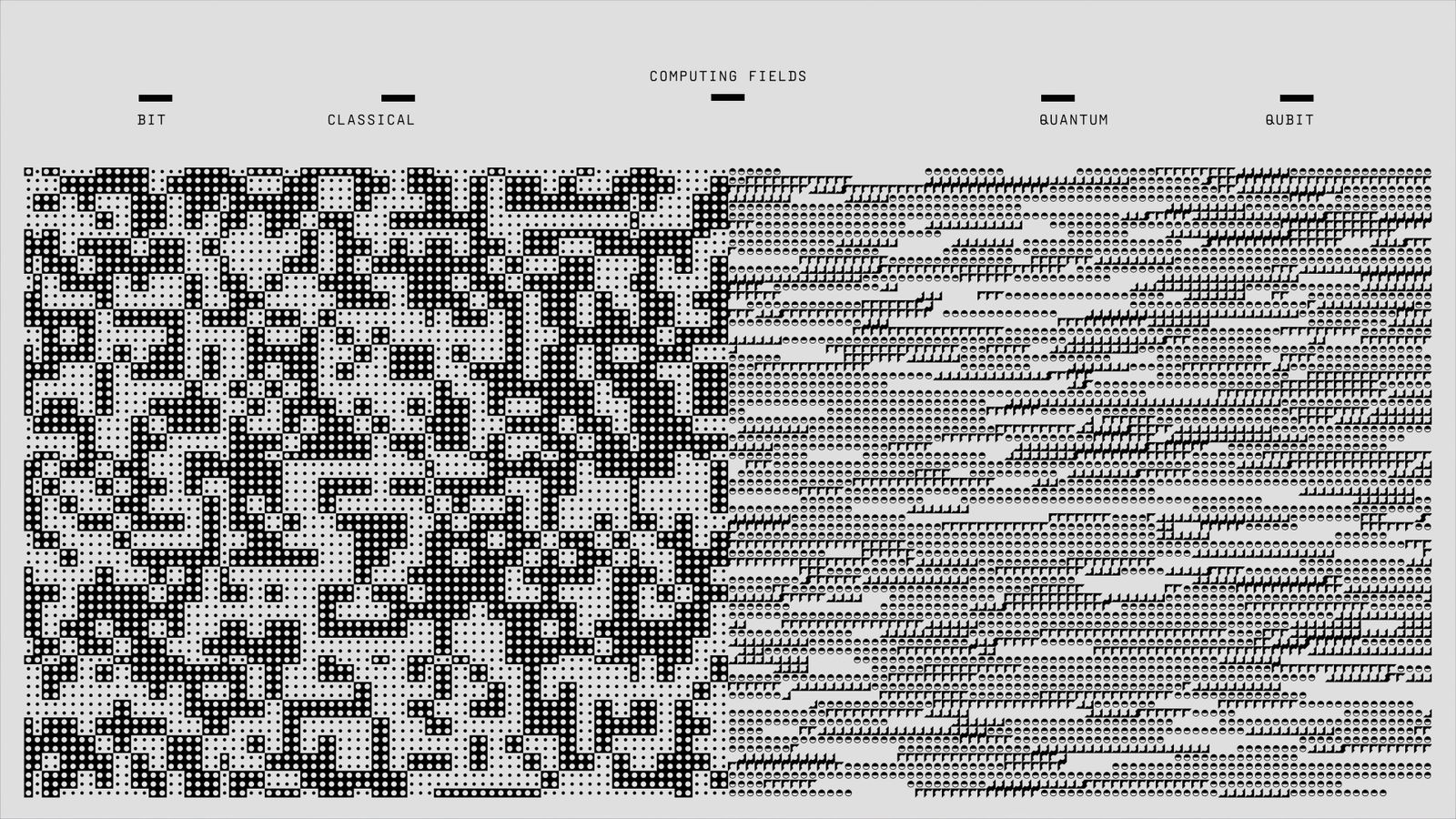 Abstract design showcasing computing fields with geometric and binary patterns in black and white.