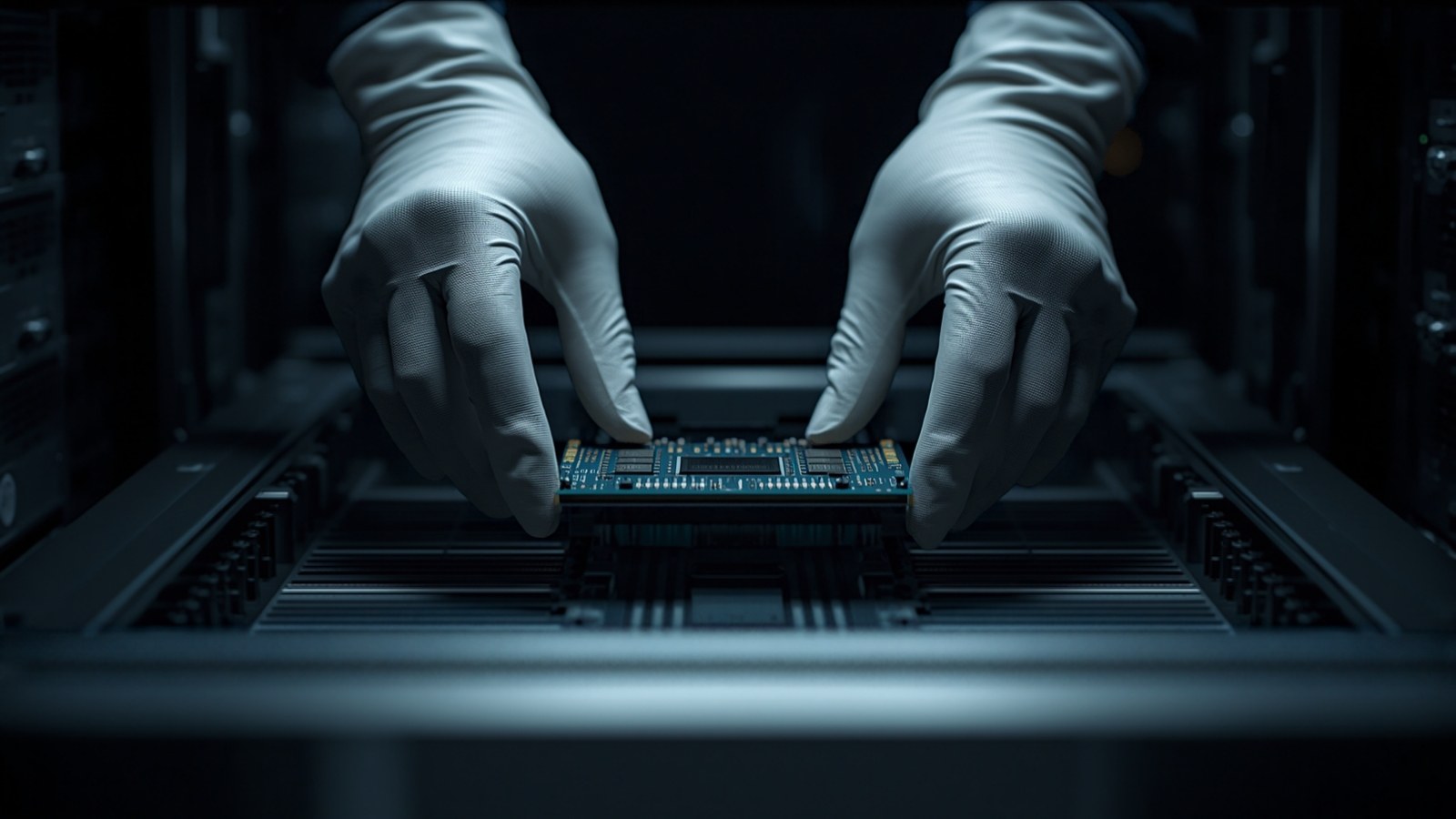 Gloved hands seating a compute module into an open server tray
