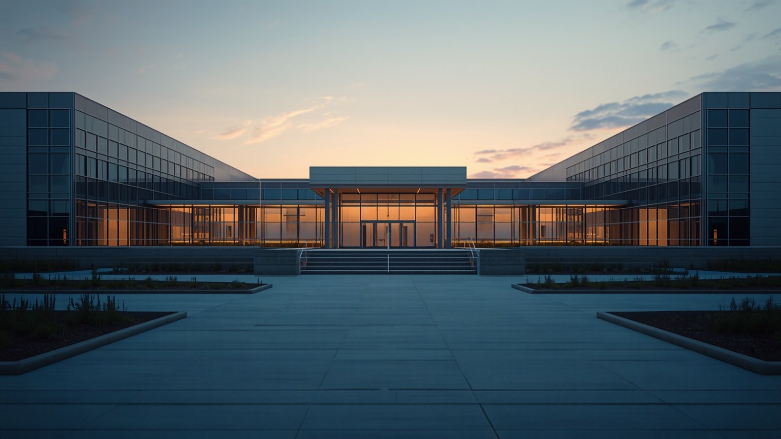 Symmetrical modern industrial campus entrance with warm interior lighting at sunset