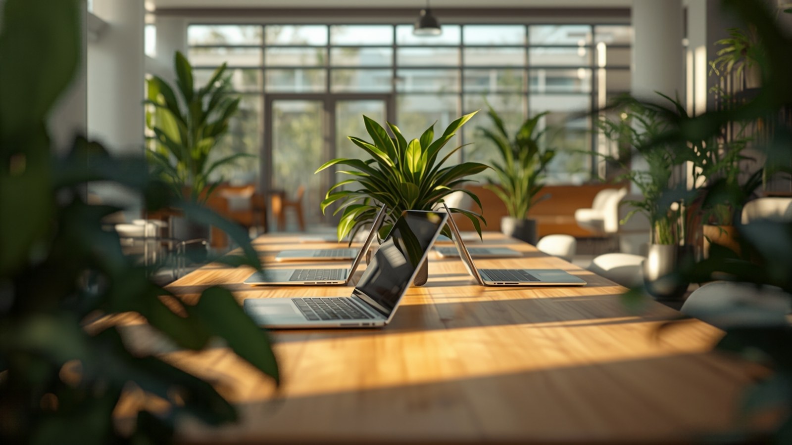 Row of laptops on a long wooden table in a green coworking space