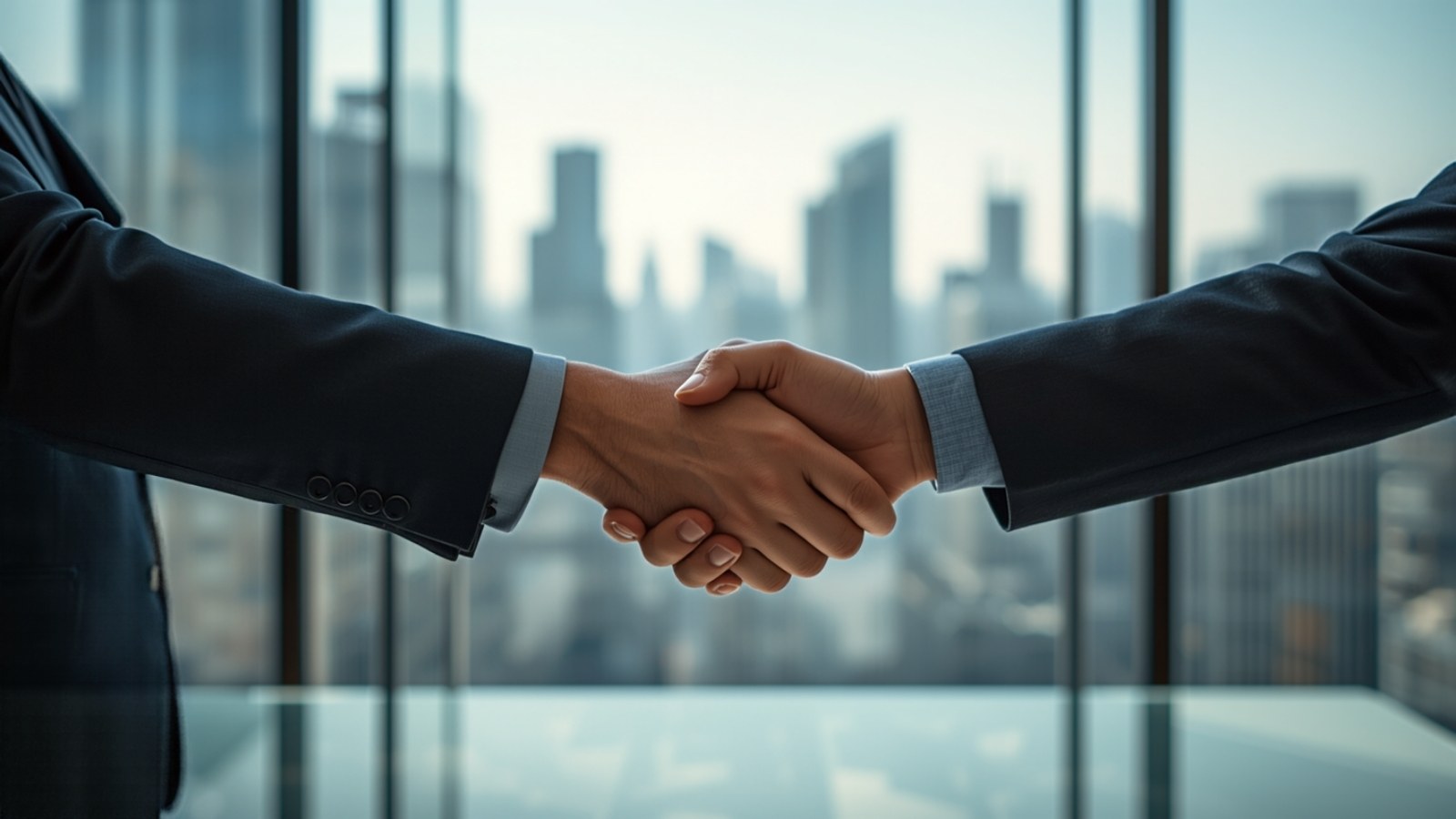 Handshake in front of an office window with a city skyline