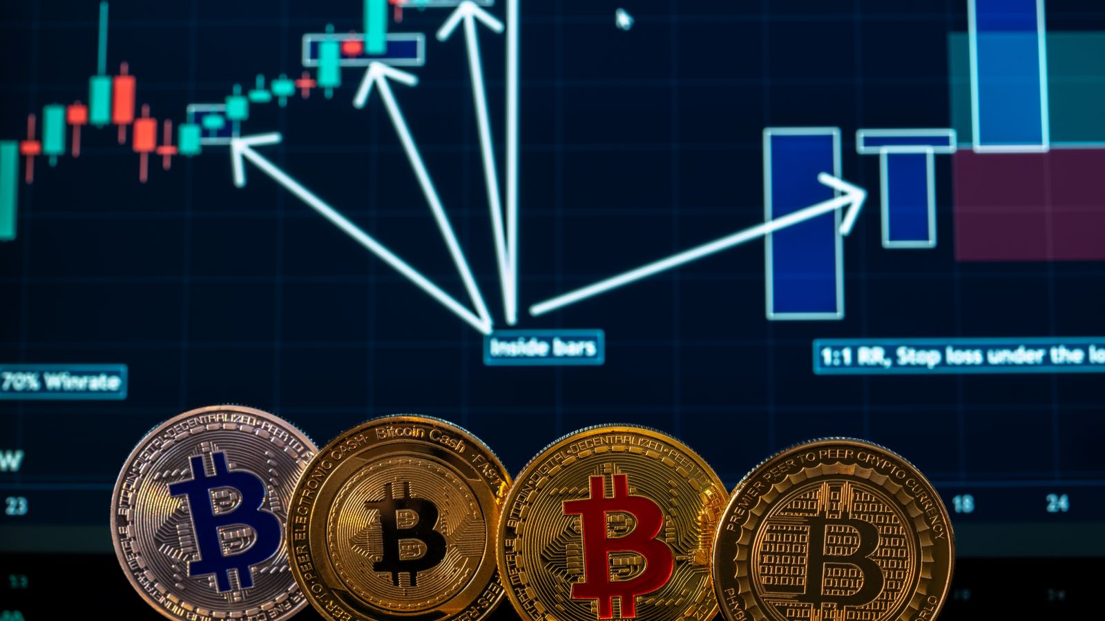 Digital coins with a stock market financial chart in the background, representing cryptocurrency trading.