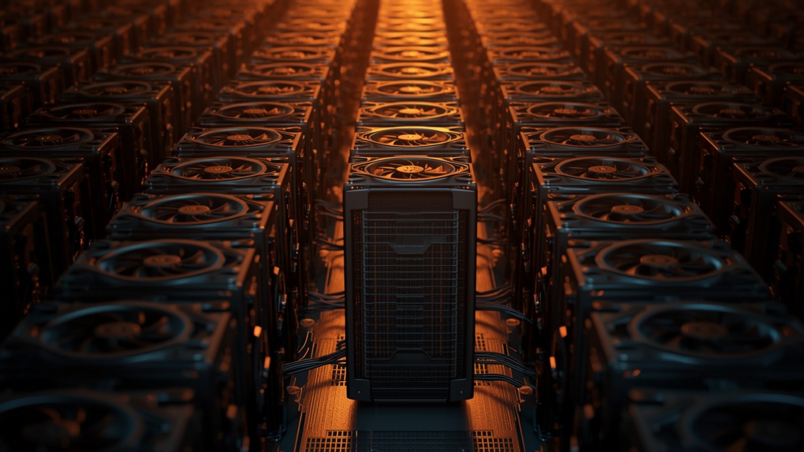 Overhead view of rows of mining machines with cooling fans