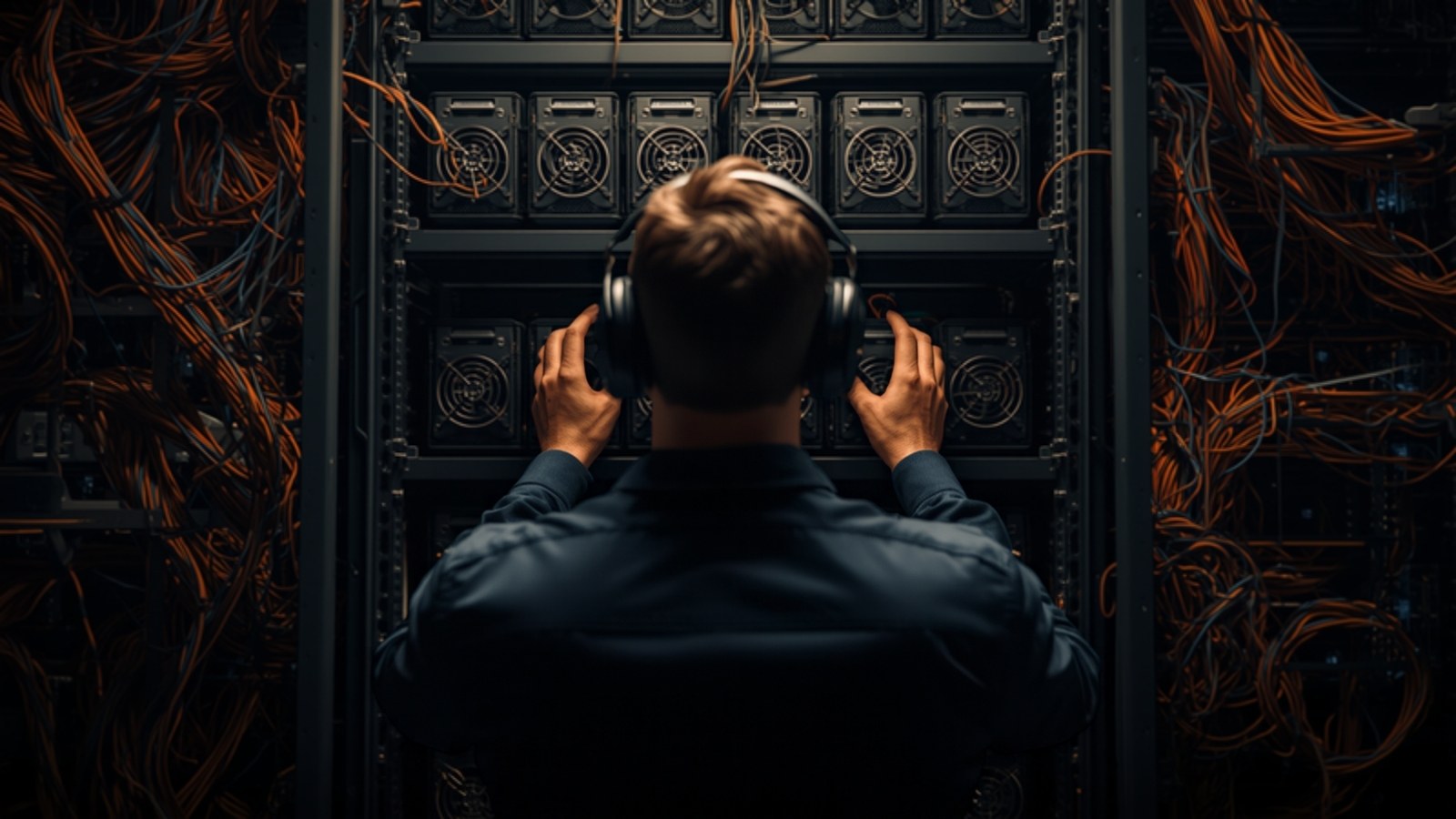 Technician with ear protection servicing a rack of mining machines