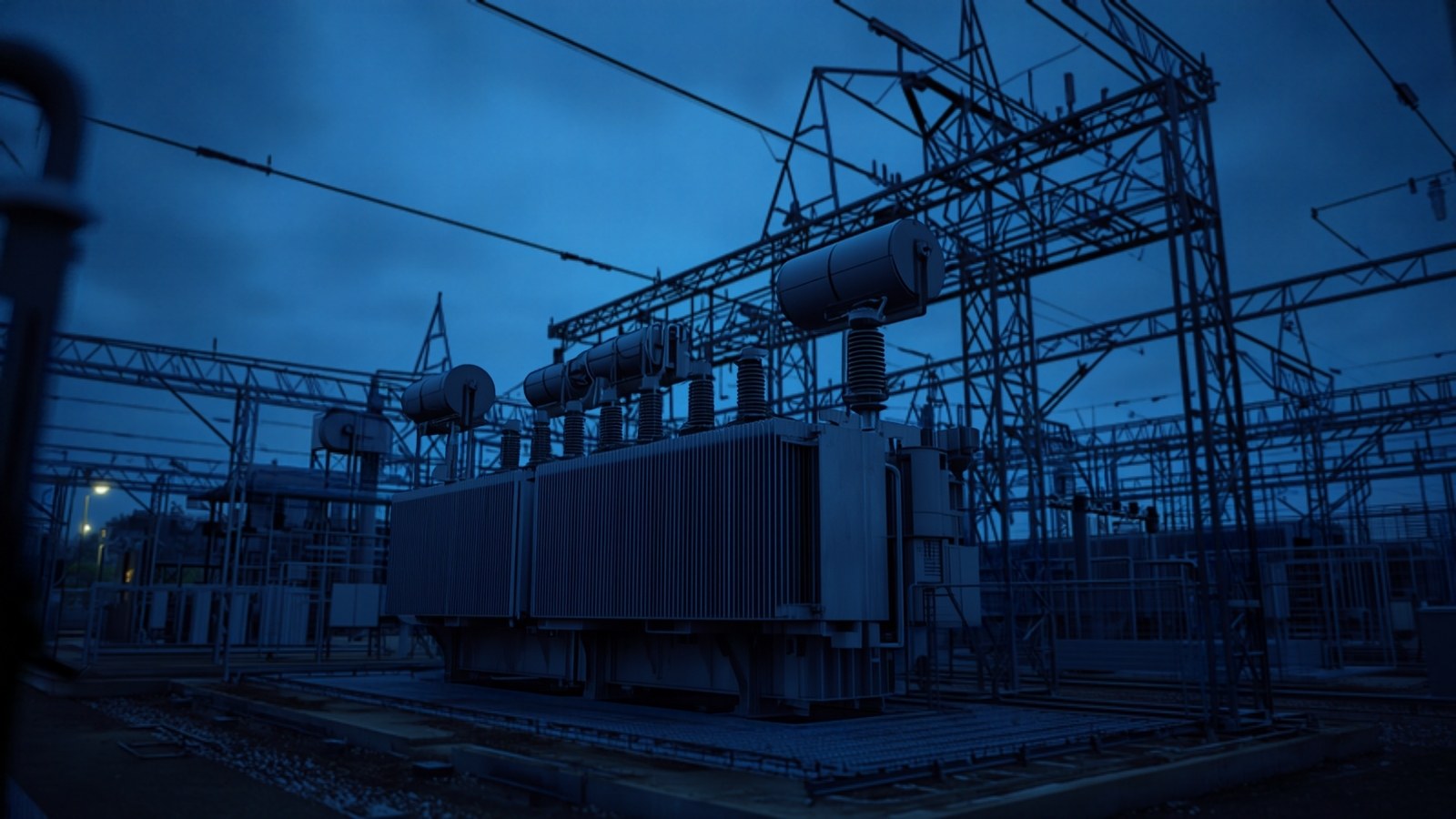Electrical substation with transformers at blue hour