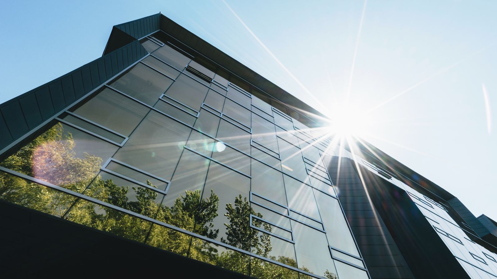 Low angle view of a modern skyscraper with reflections and sun flare, emphasizing contemporary architecture.