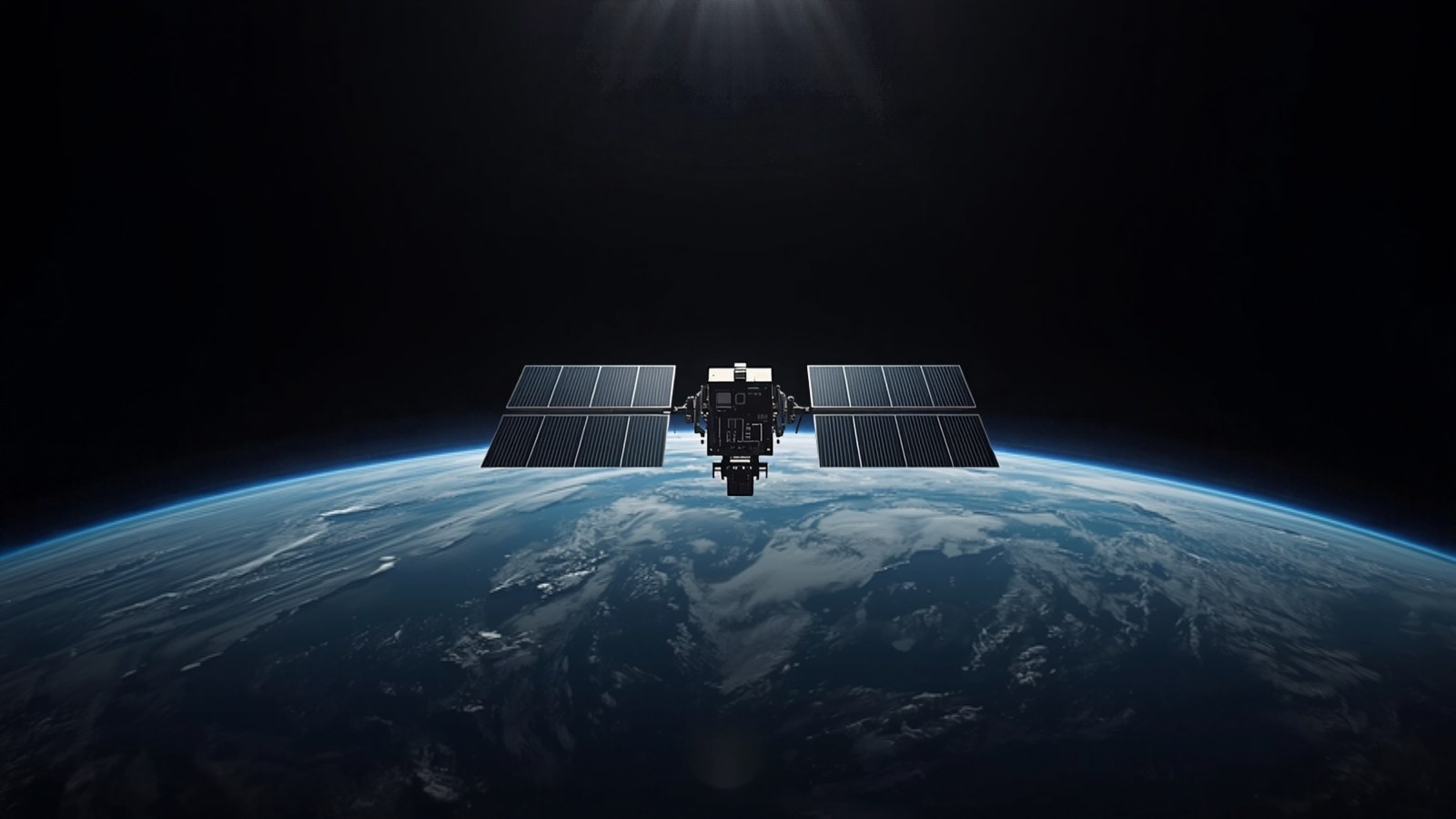 Small satellite with two solar wings above a thin blue atmosphere