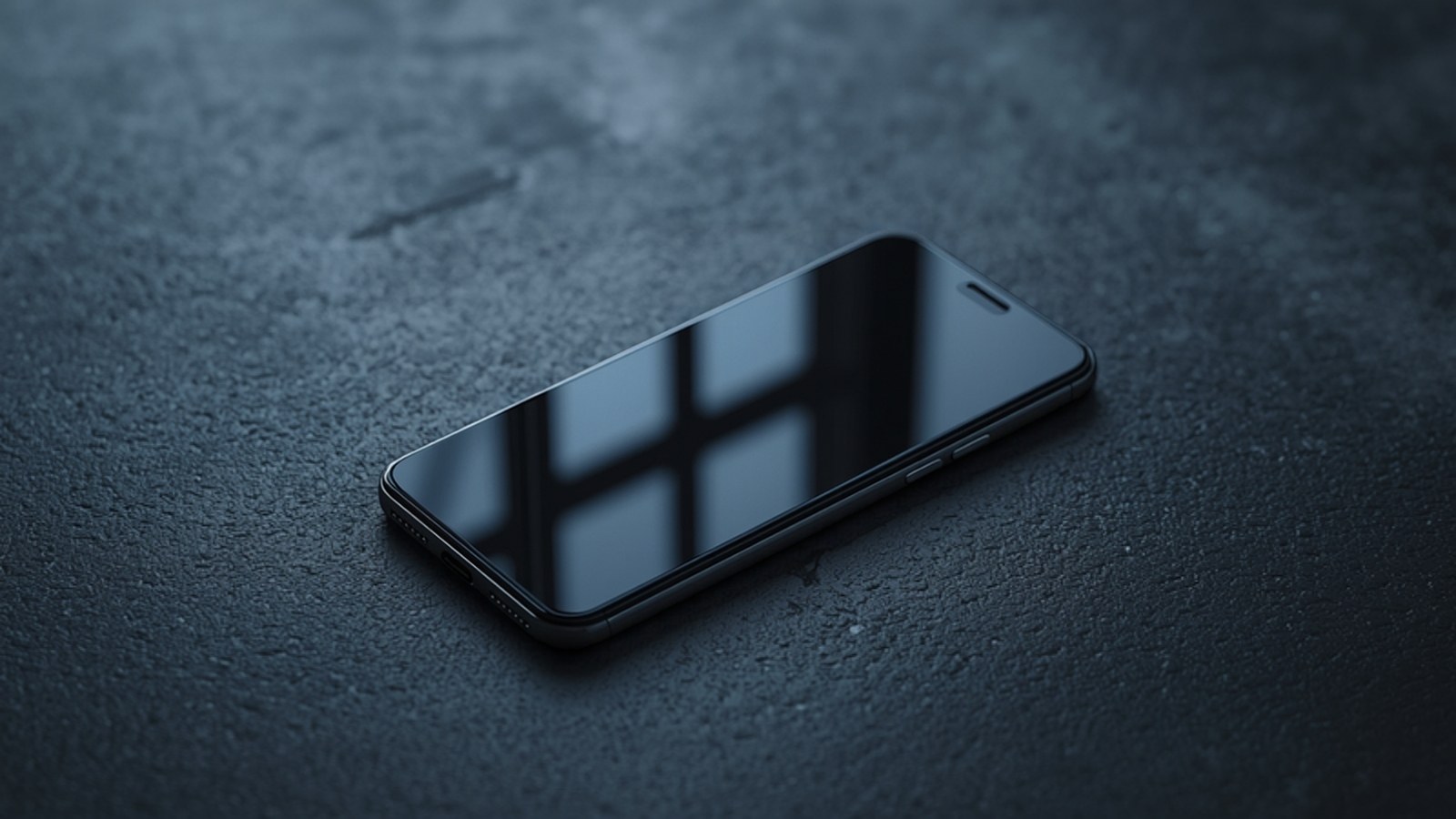 Unbranded smartphone lying on a dark stone surface in window light