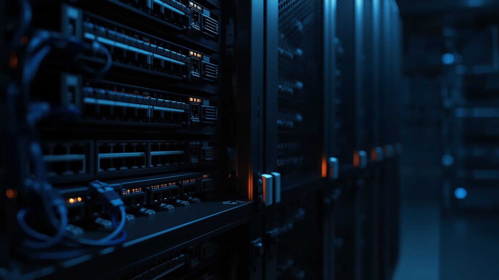 Network switches with status lights in a dark server rack