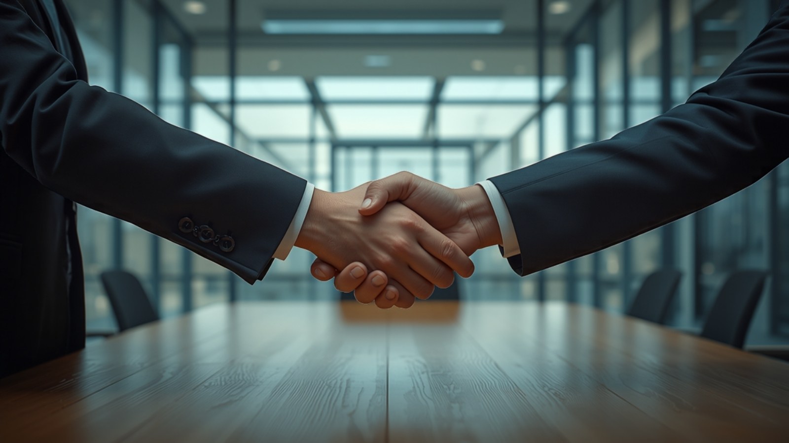 Handshake over a boardroom table in a glass meeting room