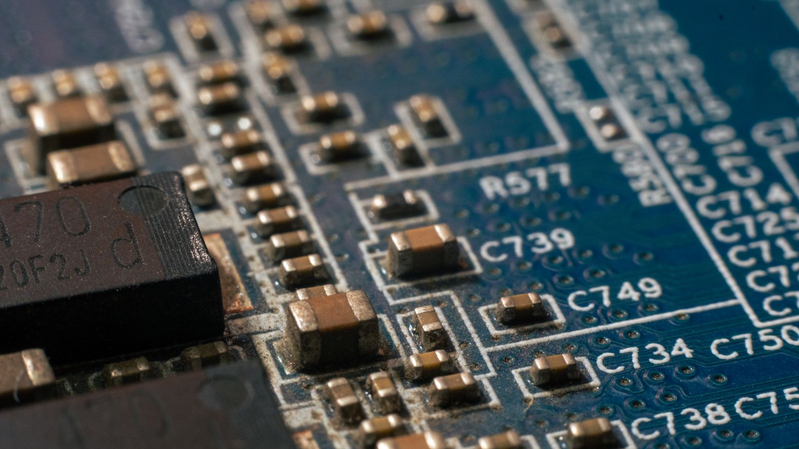 Detailed close-up of a computer circuit board showcasing electronic components.