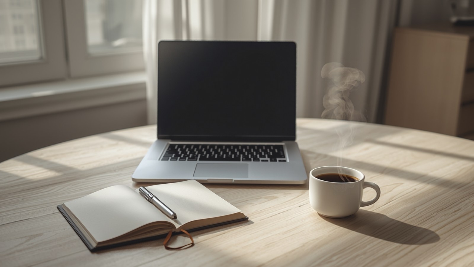 Laptop, open notebook and coffee on a round table in morning light
