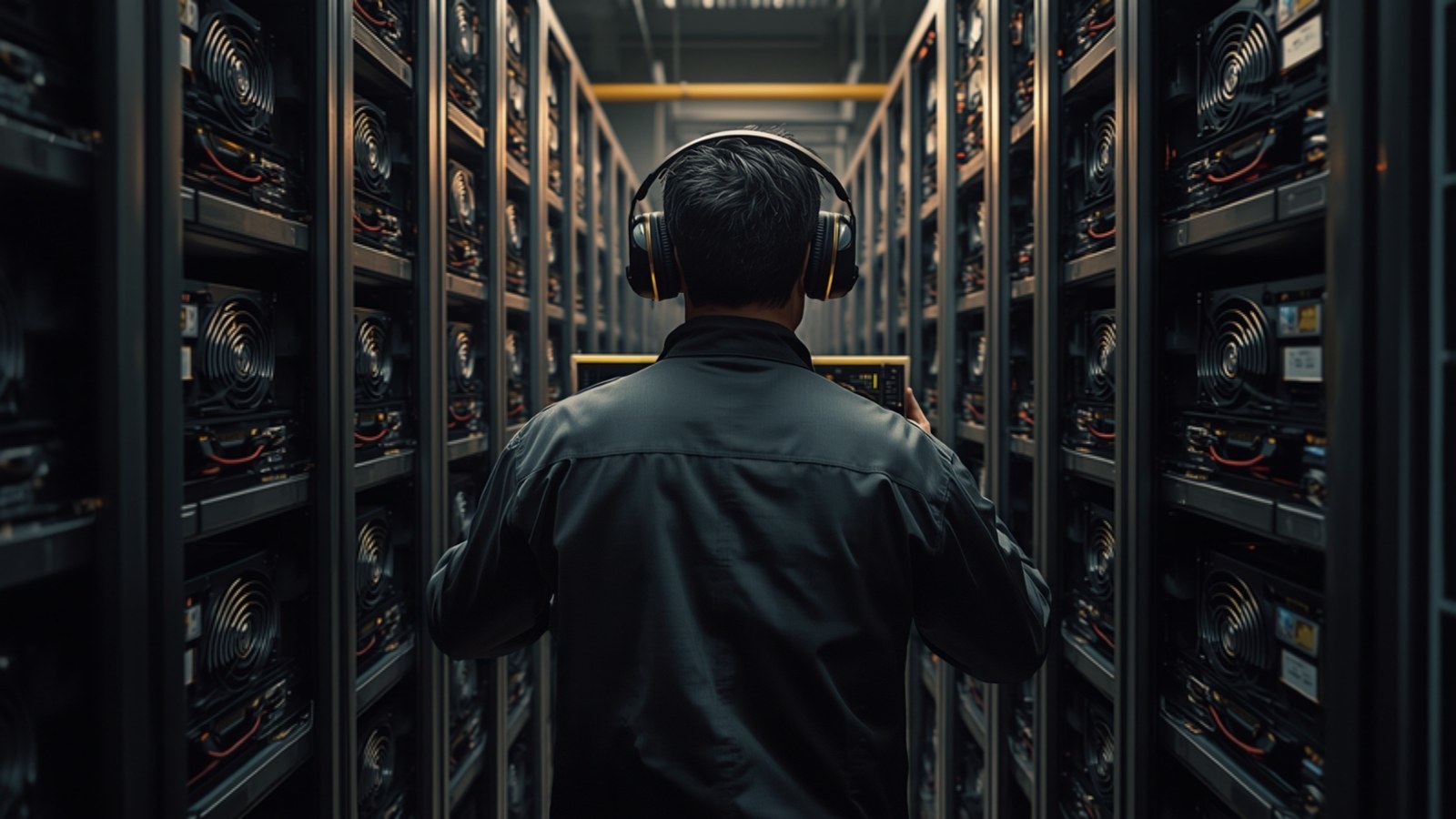 Technician with ear protection walking between mining racks