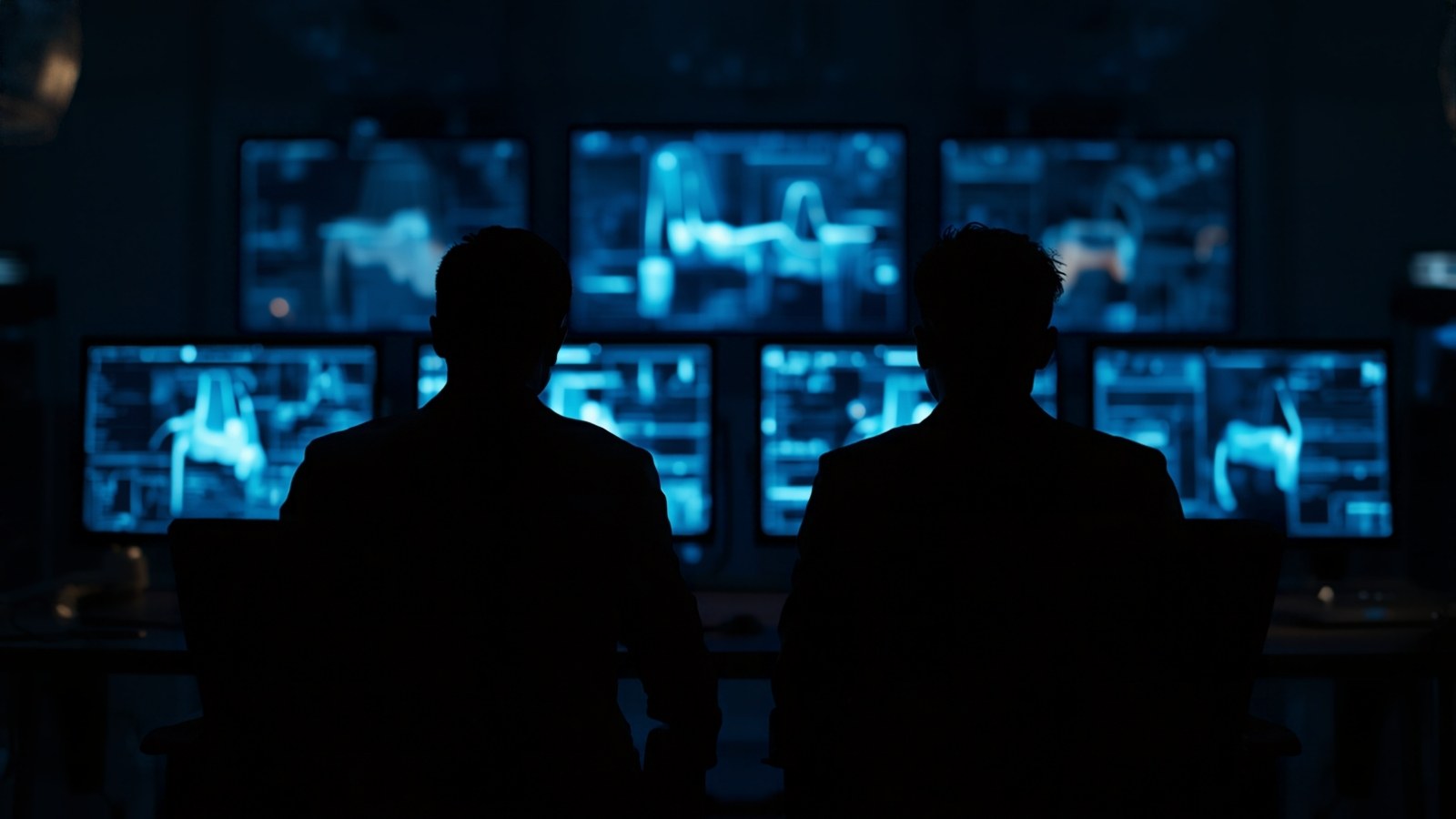 Two analysts silhouetted in front of monitors in a security operations center