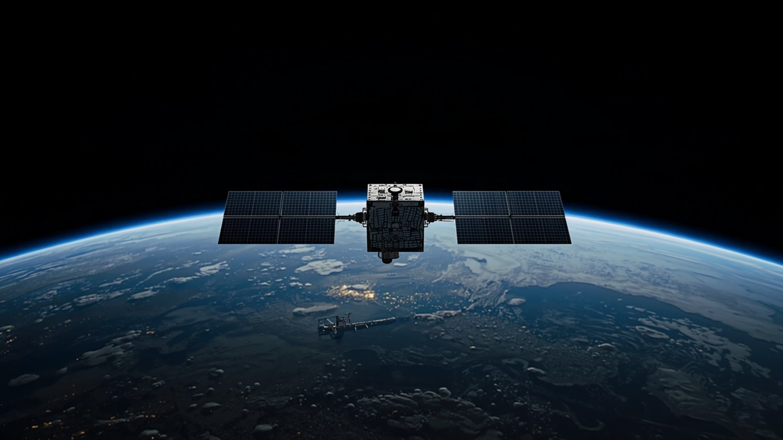 Satellite with solar panels over Earth's night-side horizon