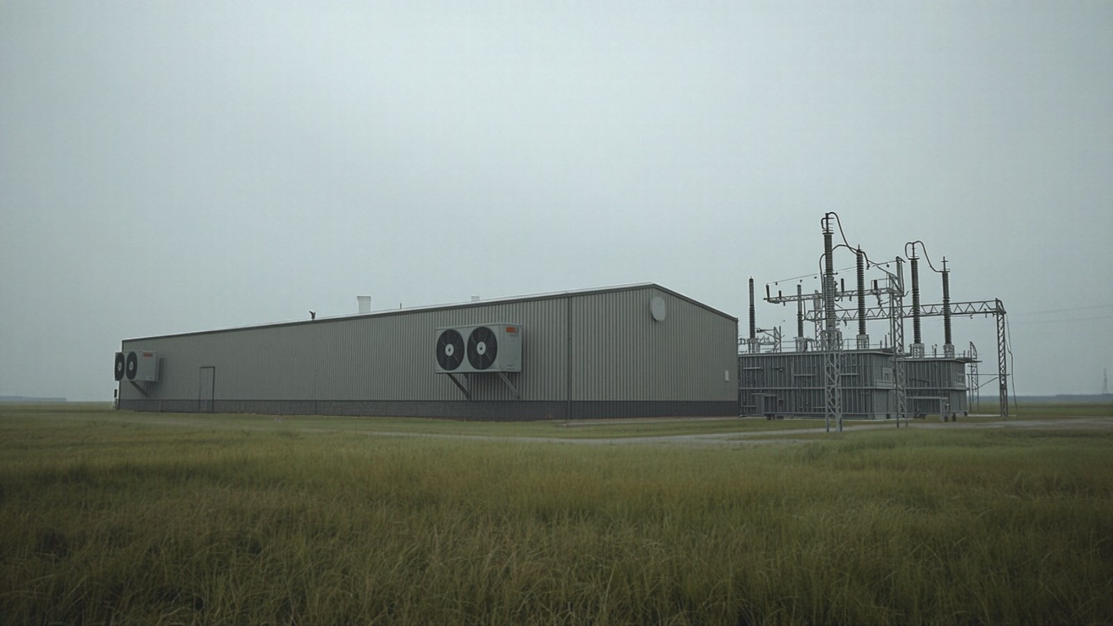 Industrial mining building with exhaust fans next to a substation