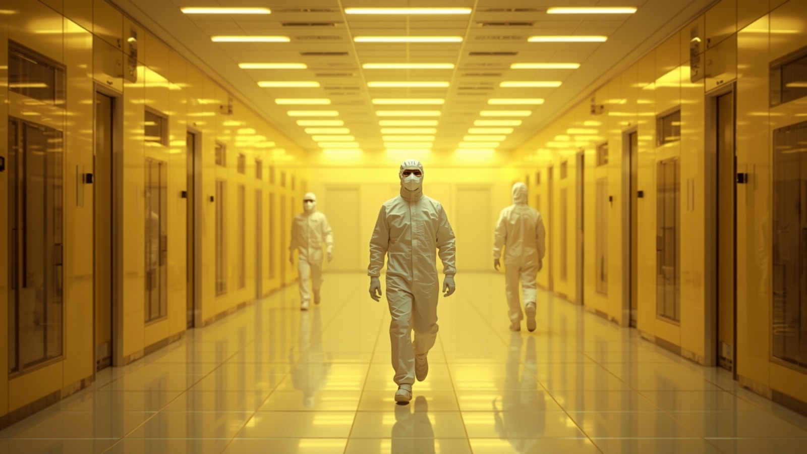 Workers in white cleanroom suits walking down a yellow-lit semiconductor fab corridor