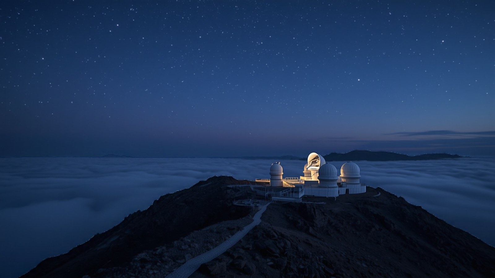 Mountaintop observatory complex under stars above a sea of clouds