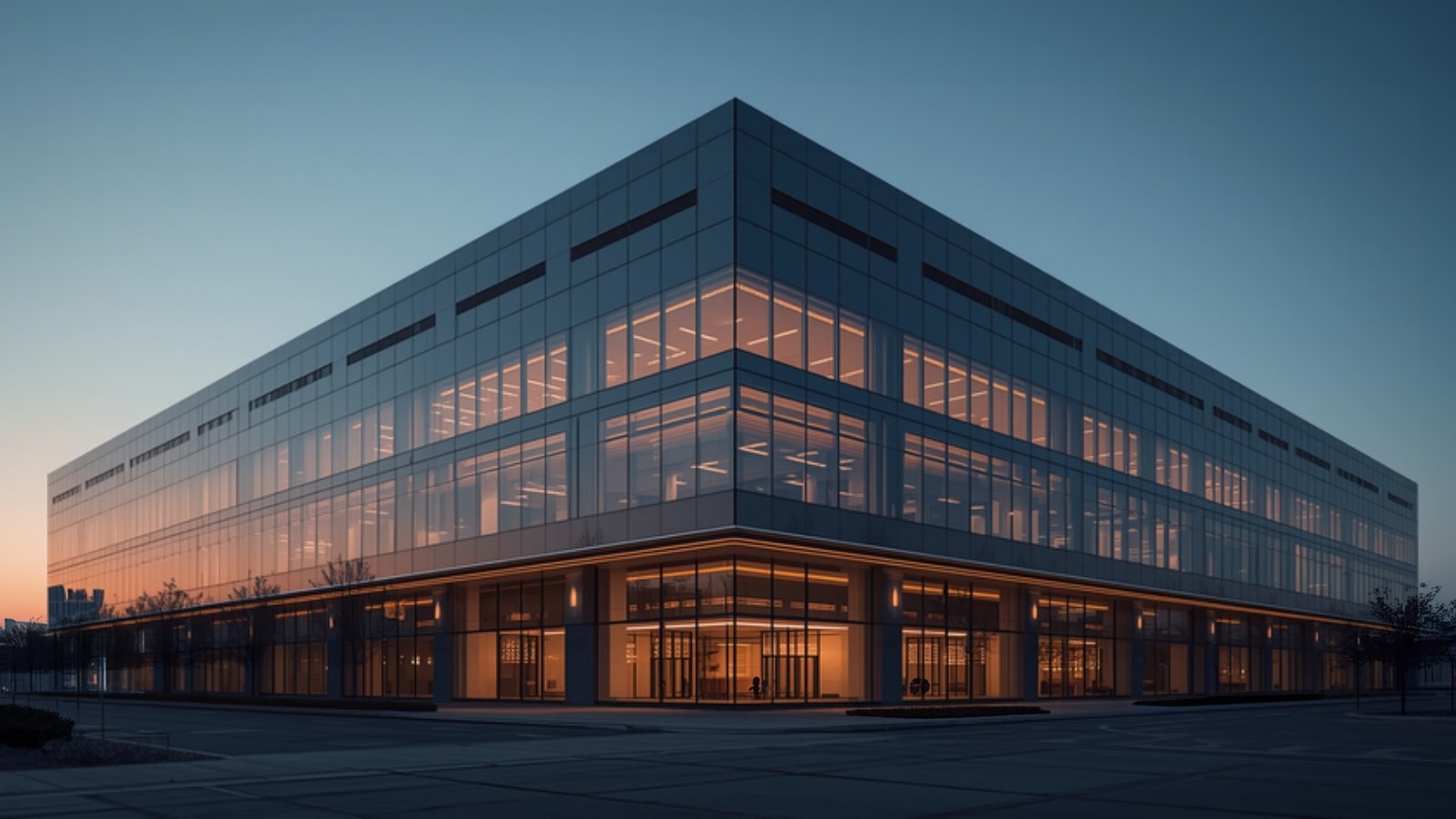 Large glass-fronted industrial building lit from inside at dusk